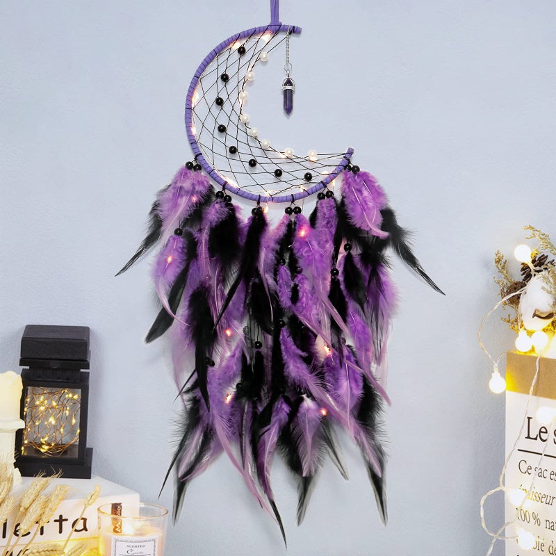Dremisland Moon Dream Catcher with Fairy Lights-Handmade Colorful Feather Lucky Turquoise Pendant Beads Wall Hanging Ornament for Kids Bedroom Home Decoration Art Craft Gift. (Purple&Black) - Image 2